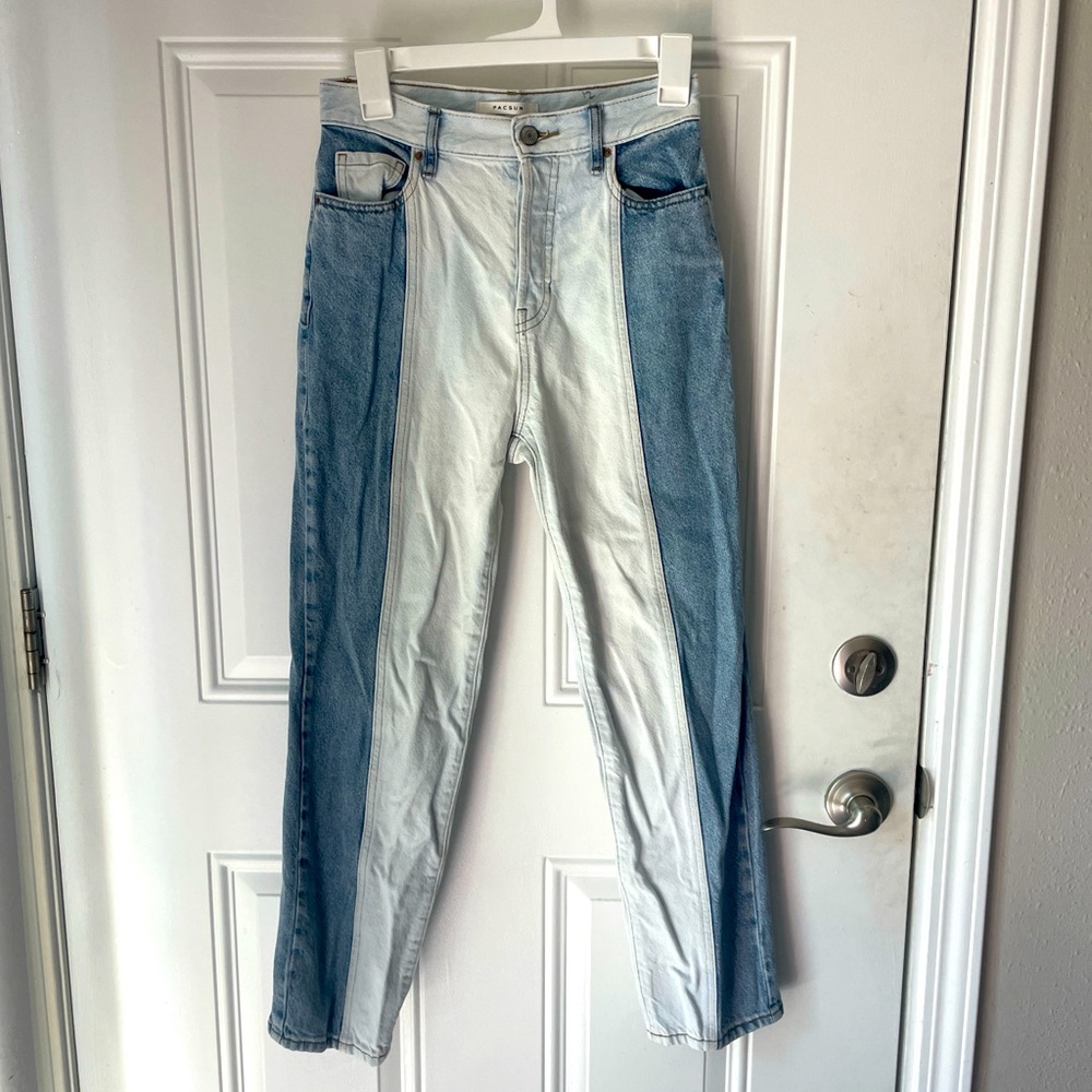 PACSUN Blue and white high-waisted straight leg jeans #highwaistedjeans